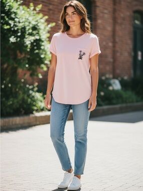 Love Peace and Lazy Days Relaxed Pink Short-Sleeve Pocket Tee Embroidered NWT